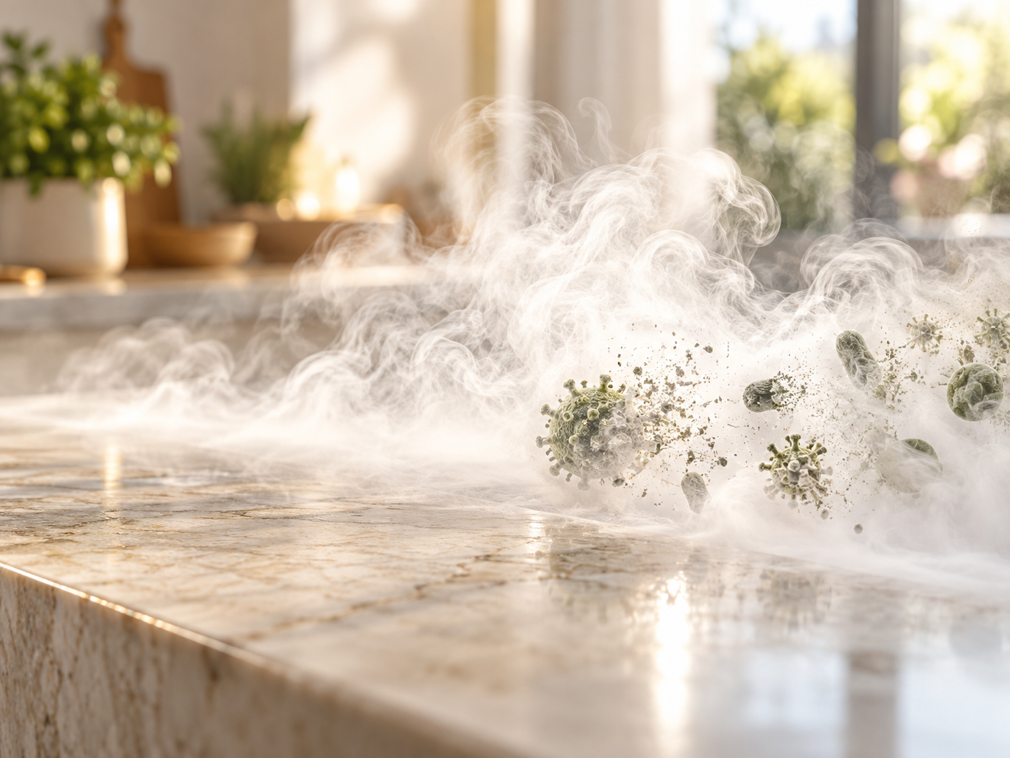 Conceptual illustration of steam cleaning a household surface, with magnified microbes fading away.